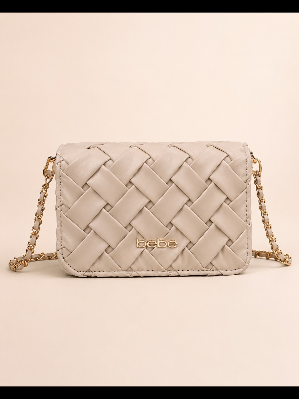 Bebe Woven Crossbody Bag – Beige/Neutral with Gold Chain – NWT